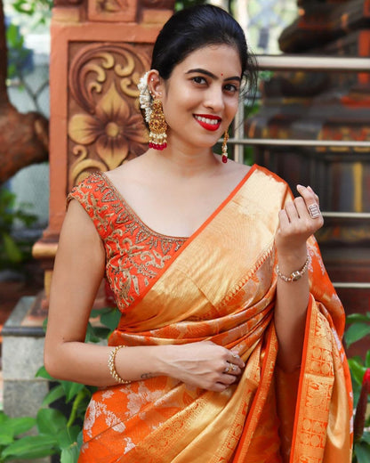 Vibrant Orange Silk Saree with Detailed Designs and Matching Border