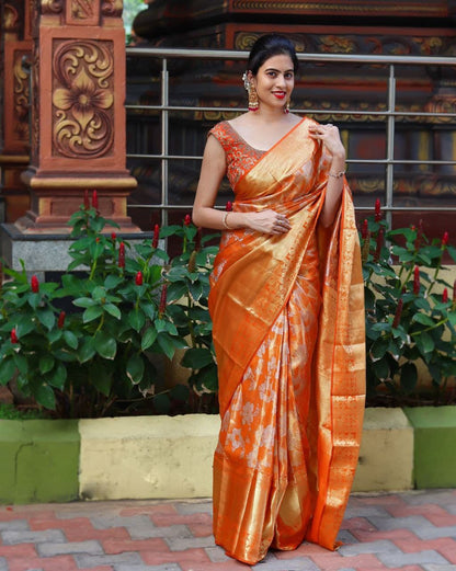 Vibrant Orange Silk Saree with Detailed Designs and Matching Border