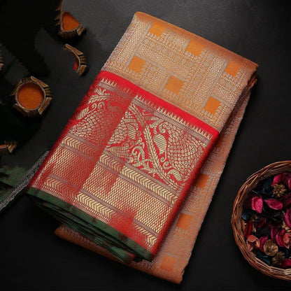 Vibrant Kanjivaram Silk Saree with Majestic Red, Orange and Green Accents