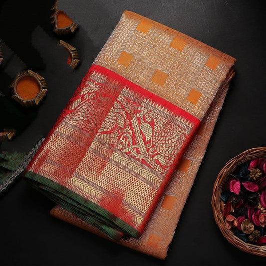 Vibrant Kanjivaram Silk Saree with Majestic Red, Orange and Green Accents