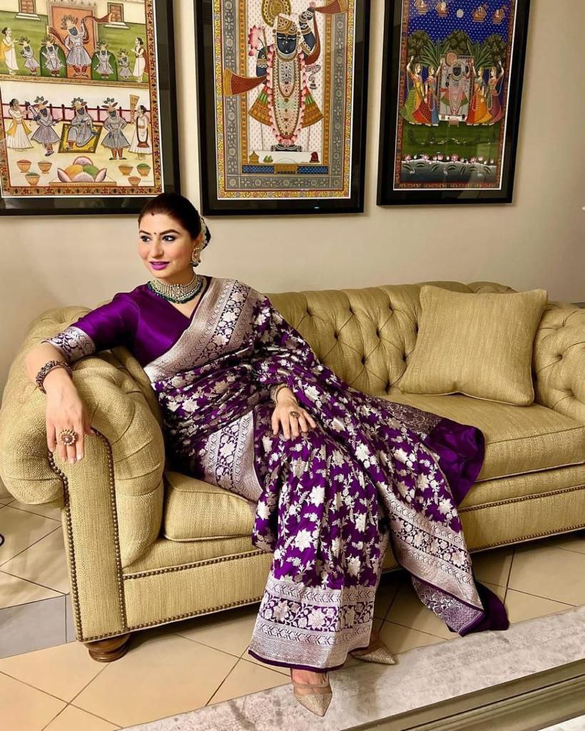 Grace in Every Drape: Purple Color Kanjivaram Silk Saree with Matching Border Elegance