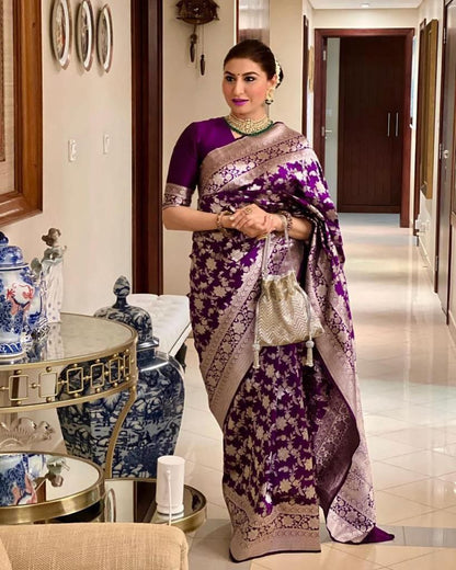 Grace in Every Drape: Purple Color Kanjivaram Silk Saree with Matching Border Elegance