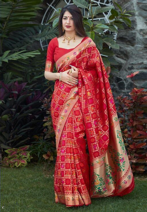 Stunning Red Bridal Saree with Intricate Golden Zari Work