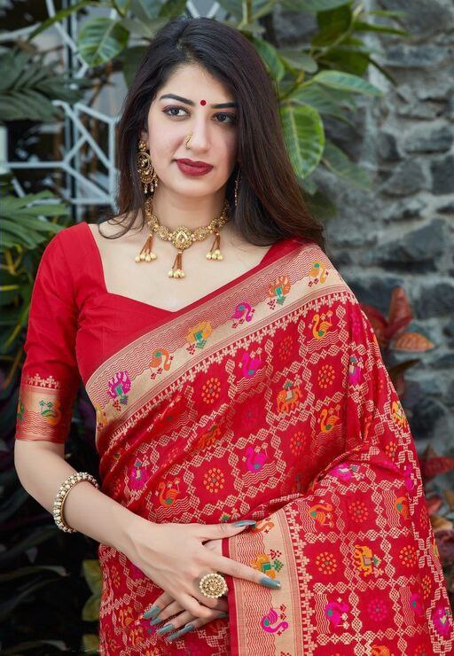 Stunning Red Bridal Saree with Intricate Golden Zari Work