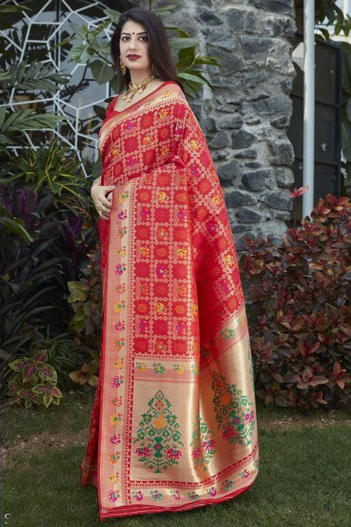 Stunning Red Bridal Saree with Intricate Golden Zari Work