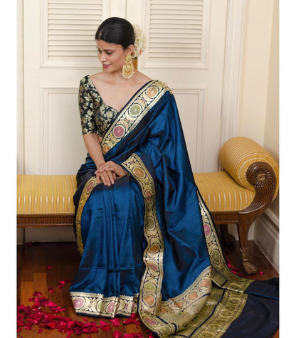 Charming Blue Kanjivaram Silk Saree with Traditional Borders