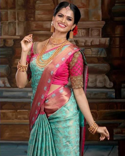 Glamorous Electric Blue Silk Saree with Rich Contrasting Pink Accents