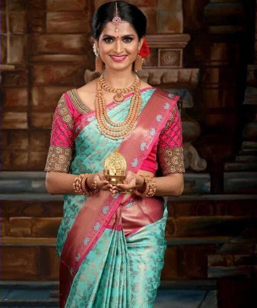 Glamorous Electric Blue Silk Saree with Rich Contrasting Pink Accents