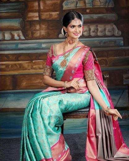 Glamorous Electric Blue Silk Saree with Rich Contrasting Pink Accents