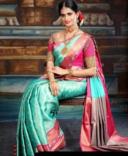 Glamorous Electric Blue Silk Saree with Rich Contrasting Pink Accents