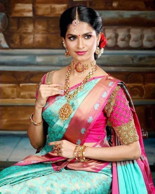 Glamorous Electric Blue Silk Saree with Rich Contrasting Pink Accents