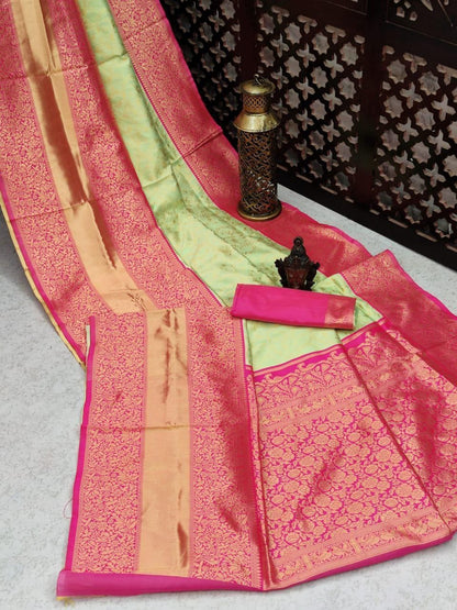 Pista Green Kanjivaram Saree with Pink Accents and Matching Border Design