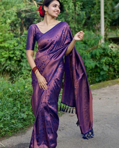 Luxury Purple and Blue Silk Saree with Traditional Floral Design