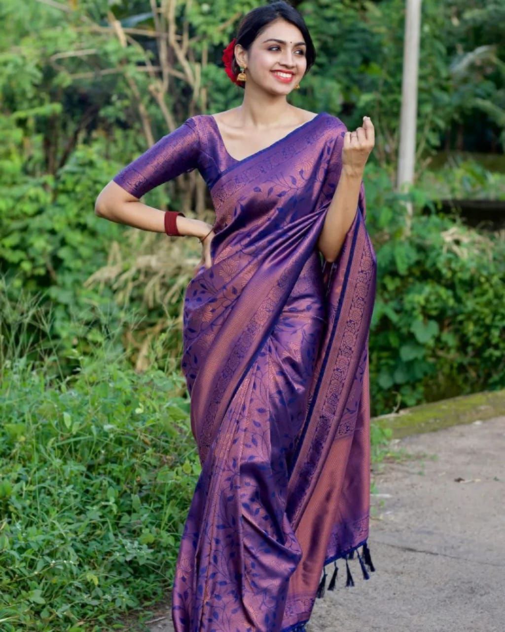 Luxury Purple and Blue Silk Saree with Traditional Floral Design