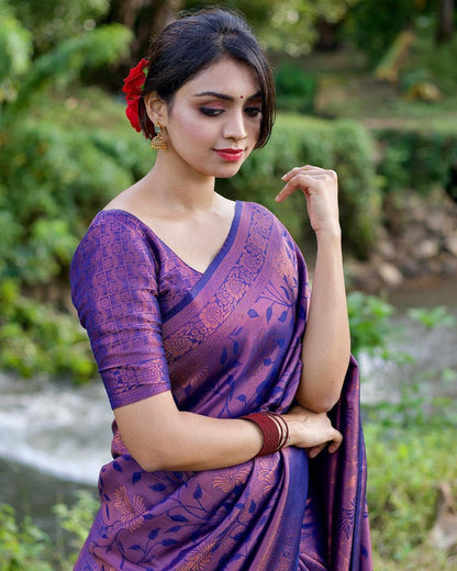 Luxury Purple and Blue Silk Saree with Traditional Floral Design