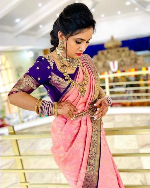 Stylish Pink Silk Saree with Blue Border & Beautiful All-over Pallu Design