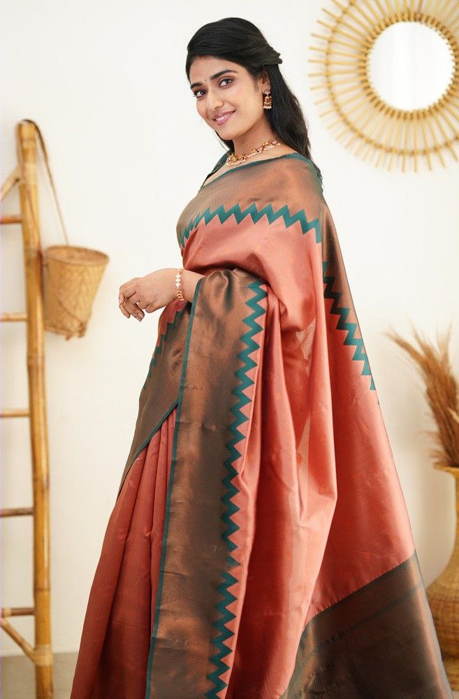 Stunning Peach Soft Silk Kanjivaram Saree with Attractive Zigzag Border Highlights