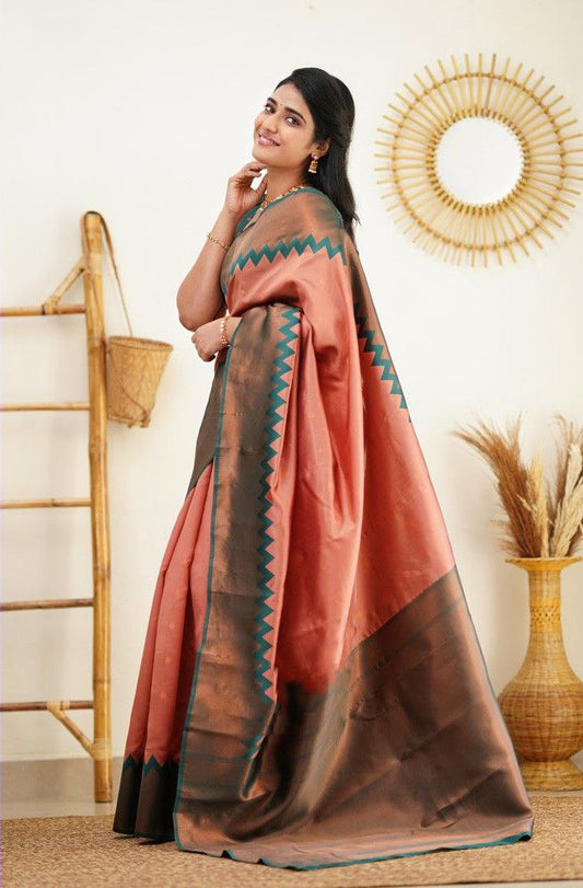 Stunning Peach Soft Silk Kanjivaram Saree with Attractive Zigzag Border Highlights