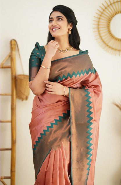 Stunning Peach Soft Silk Kanjivaram Saree with Attractive Zigzag Border Highlights