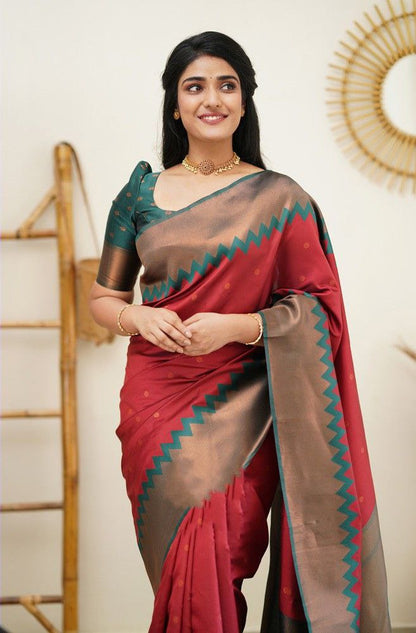 Stunning Maroon Soft Silk Kanjivaram Saree with Attractive Zigzag Border Highlights