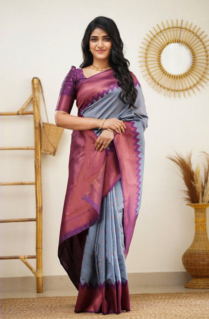 Stunning Grey Soft Silk Kanjivaram Saree with Attractive Zigzag Border Highlights