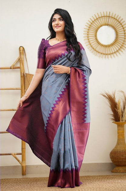 Stunning Grey Soft Silk Kanjivaram Saree with Attractive Zigzag Border Highlights