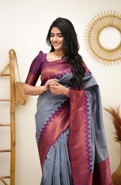 Stunning Grey Soft Silk Kanjivaram Saree with Attractive Zigzag Border Highlights