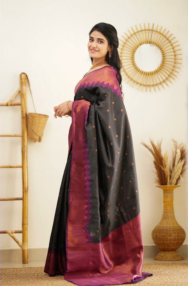 Stunning Black Soft Silk Kanjivaram Saree with Attractive Zigzag Border Highlights