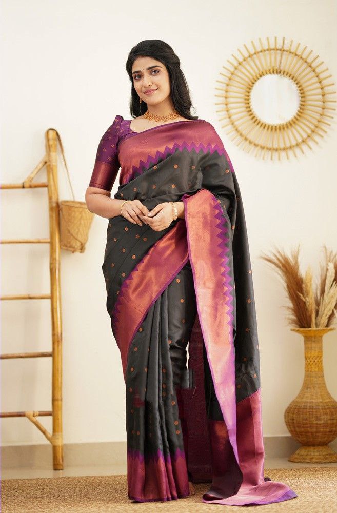 Stunning Black Soft Silk Kanjivaram Saree with Attractive Zigzag Border Highlights