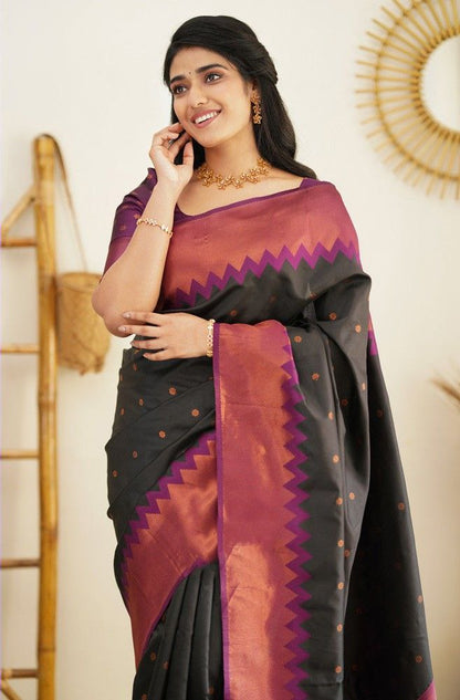 Stunning Black Soft Silk Kanjivaram Saree with Attractive Zigzag Border Highlights