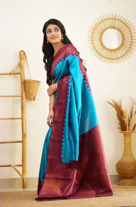 Stunning Firozi Soft Silk Kanjivaram Saree with Attractive Zigzag Border Highlights