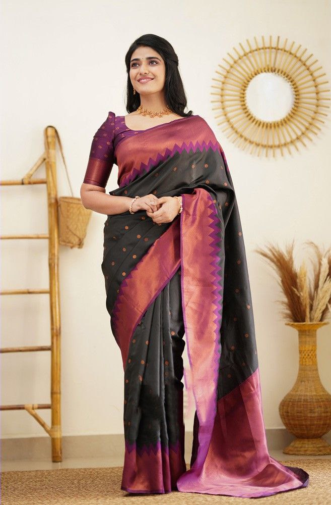 Stunning Black Soft Silk Kanjivaram Saree with Attractive Zigzag Border Highlights