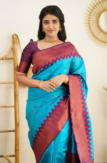 Stunning Firozi Soft Silk Kanjivaram Saree with Attractive Zigzag Border Highlights