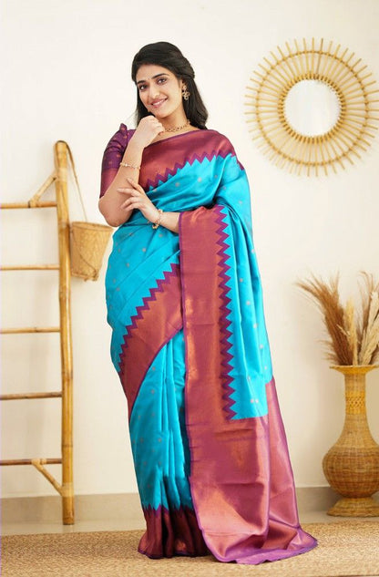 Stunning Firozi Soft Silk Kanjivaram Saree with Attractive Zigzag Border Highlights