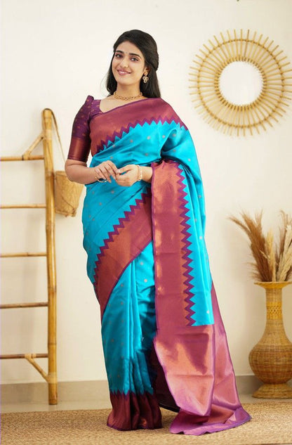 Stunning Firozi Soft Silk Kanjivaram Saree with Attractive Zigzag Border Highlights