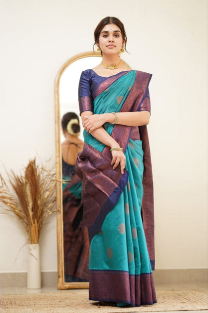 Pure Soft Silk Rama Kanjivaram Saree with Attractive Designer Border