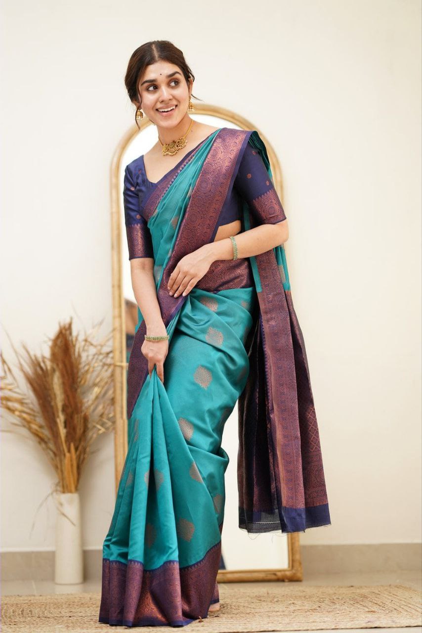 Pure Soft Silk Rama Kanjivaram Saree with Attractive Designer Border