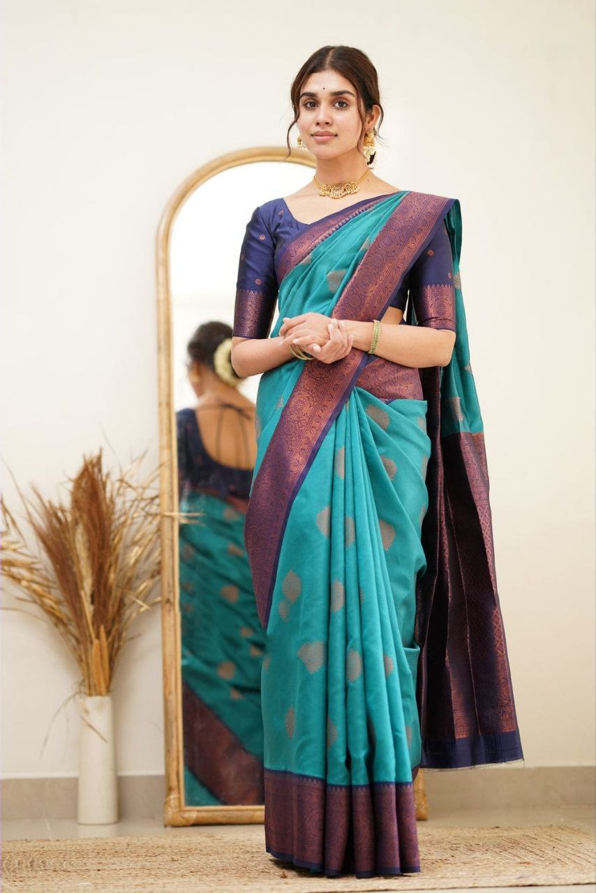 Pure Soft Silk Rama Kanjivaram Saree with Attractive Designer Border