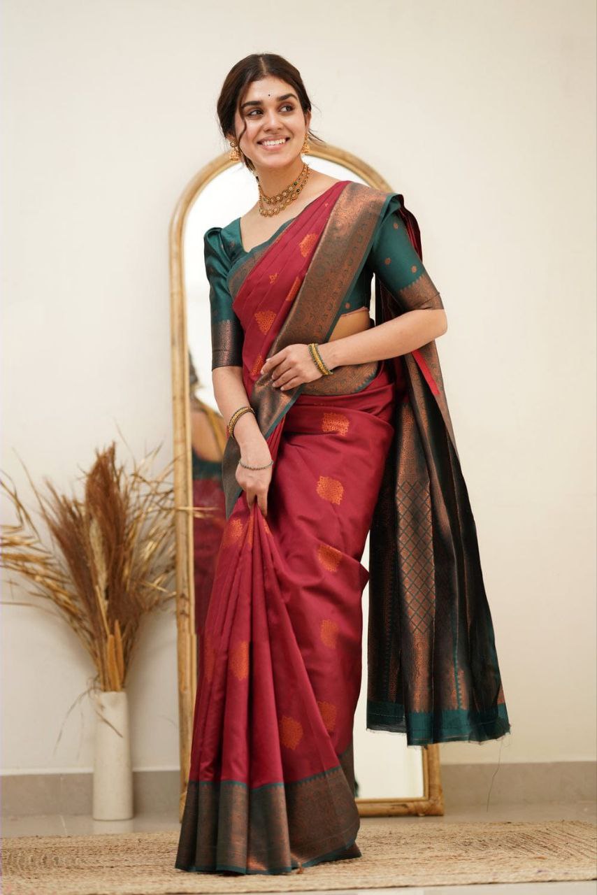 Pure Soft Silk Maroon Kanjivaram Saree with Attractive Designer Border