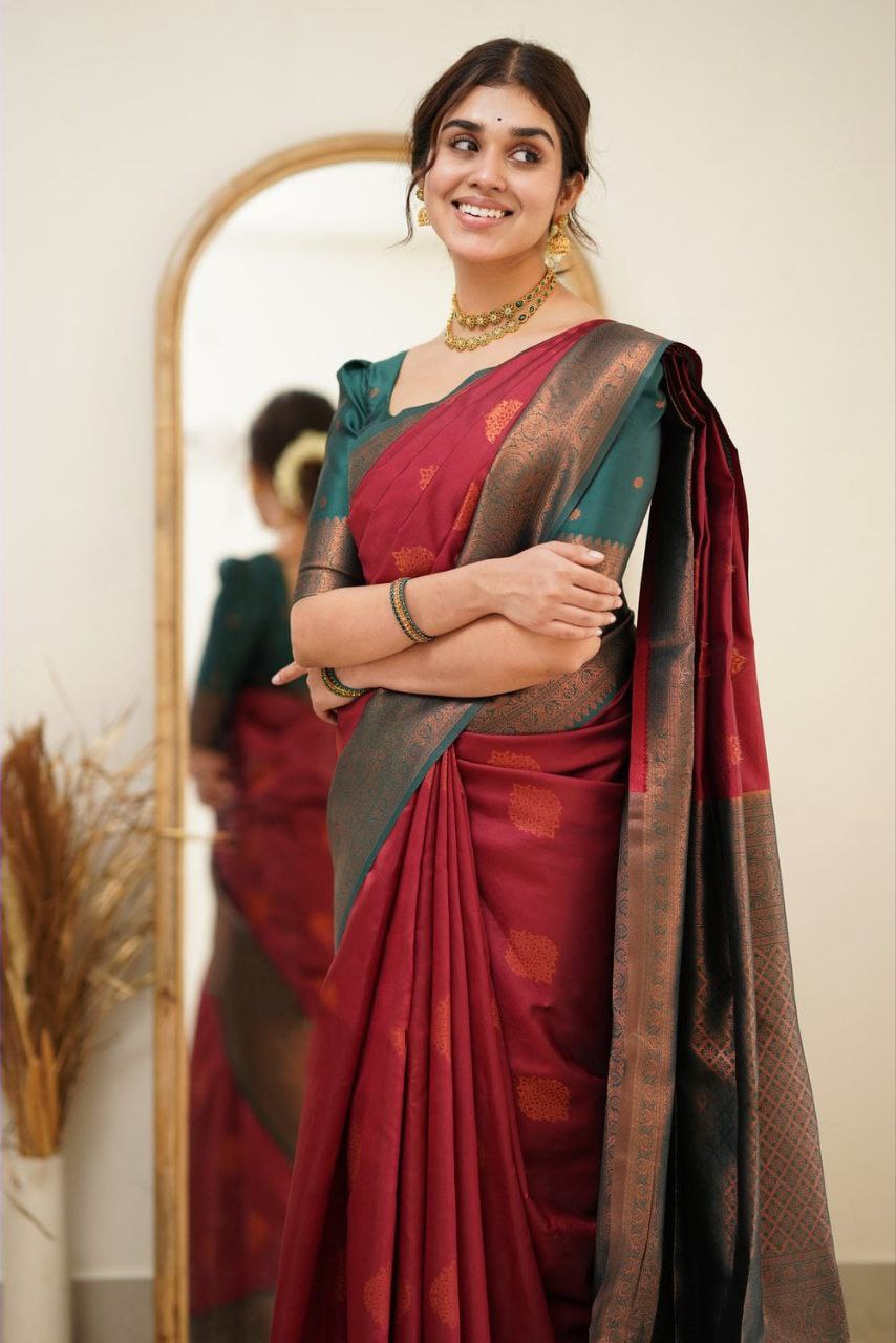 Pure Soft Silk Maroon Kanjivaram Saree with Attractive Designer Border