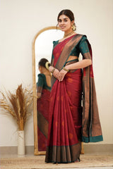 Pure Soft Silk Maroon Kanjivaram Saree with Attractive Designer Border