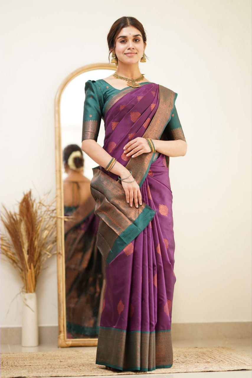 Pure Soft Silk Purple Kanjivaram Saree with Attractive Designer Border