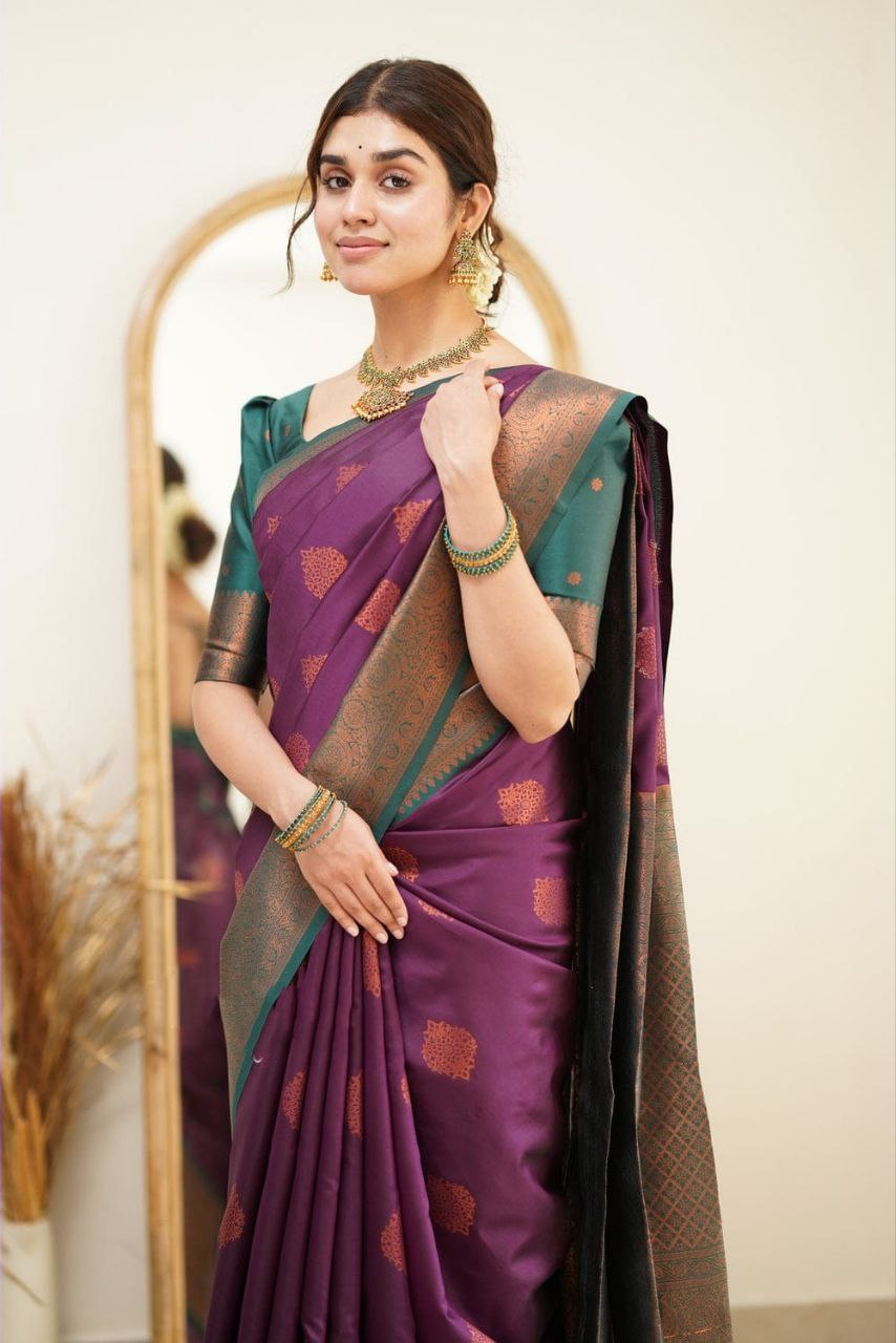 Pure Soft Silk Purple Kanjivaram Saree with Attractive Designer Border