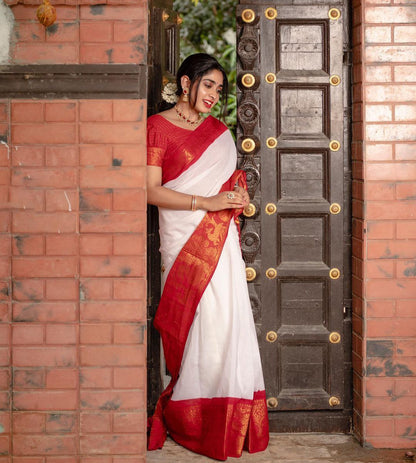 Chic White Kanjivaram Saree with Vibrant Red Border – Ultimate Ethnic Charm