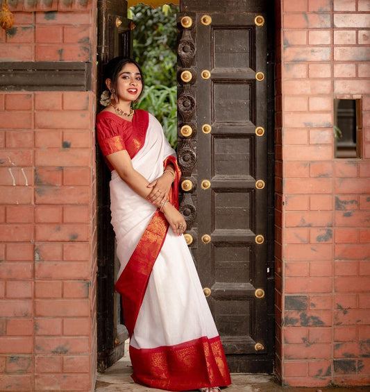 Chic White Kanjivaram Saree with Vibrant Red Border – Ultimate Ethnic Charm