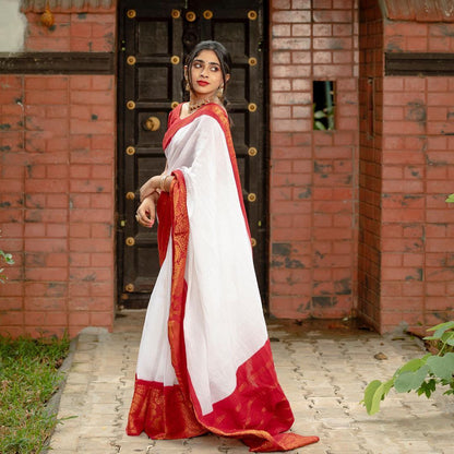 Chic White Kanjivaram Saree with Vibrant Red Border – Ultimate Ethnic Charm