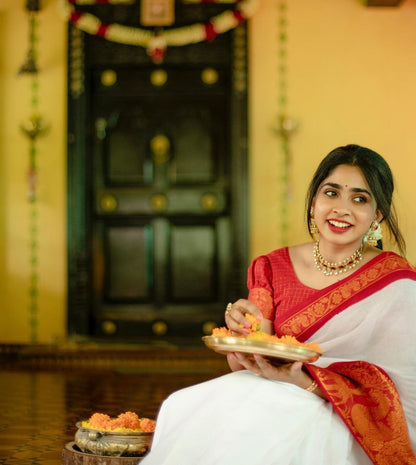 Chic White Kanjivaram Saree with Vibrant Red Border – Ultimate Ethnic Charm