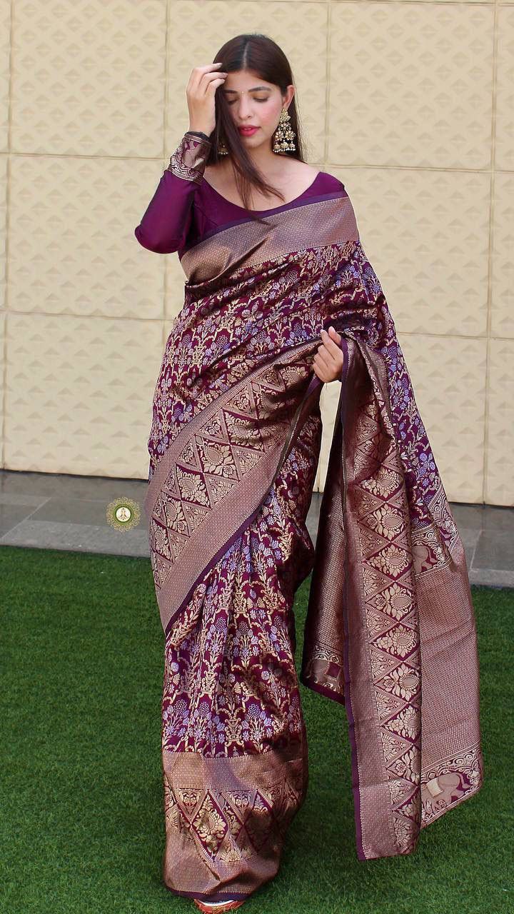 Royal Wine Color Kanjivaram Silk Saree with Stunning Design and Beautiful Pallu