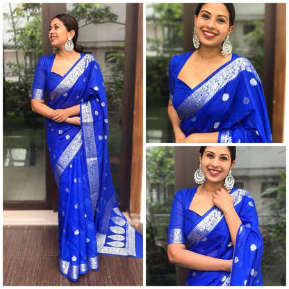 Timeless Beauty: Royal Blue Silk Saree with Stunning Silver Borders