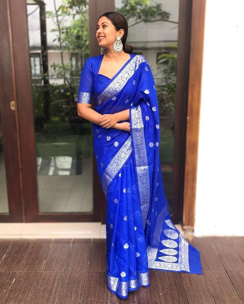 Timeless Beauty: Royal Blue Silk Saree with Stunning Silver Borders